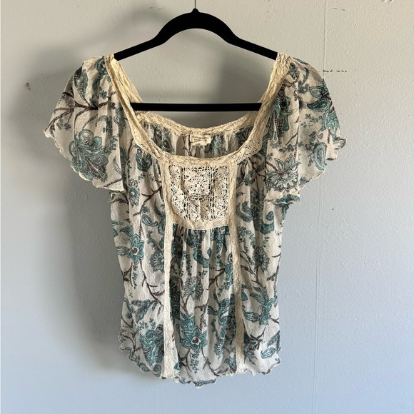 Denim & Supply Ralph Lauren Tops - Denim & Supply Ralph Lauren Green and Cream Puff Sleeve Blouse